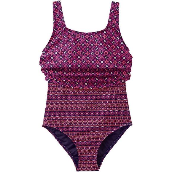 Land's End One Piece  Swimsuit Fauxkini scoop neck blackberry tile Geo print 8 - Picture 2 of 6